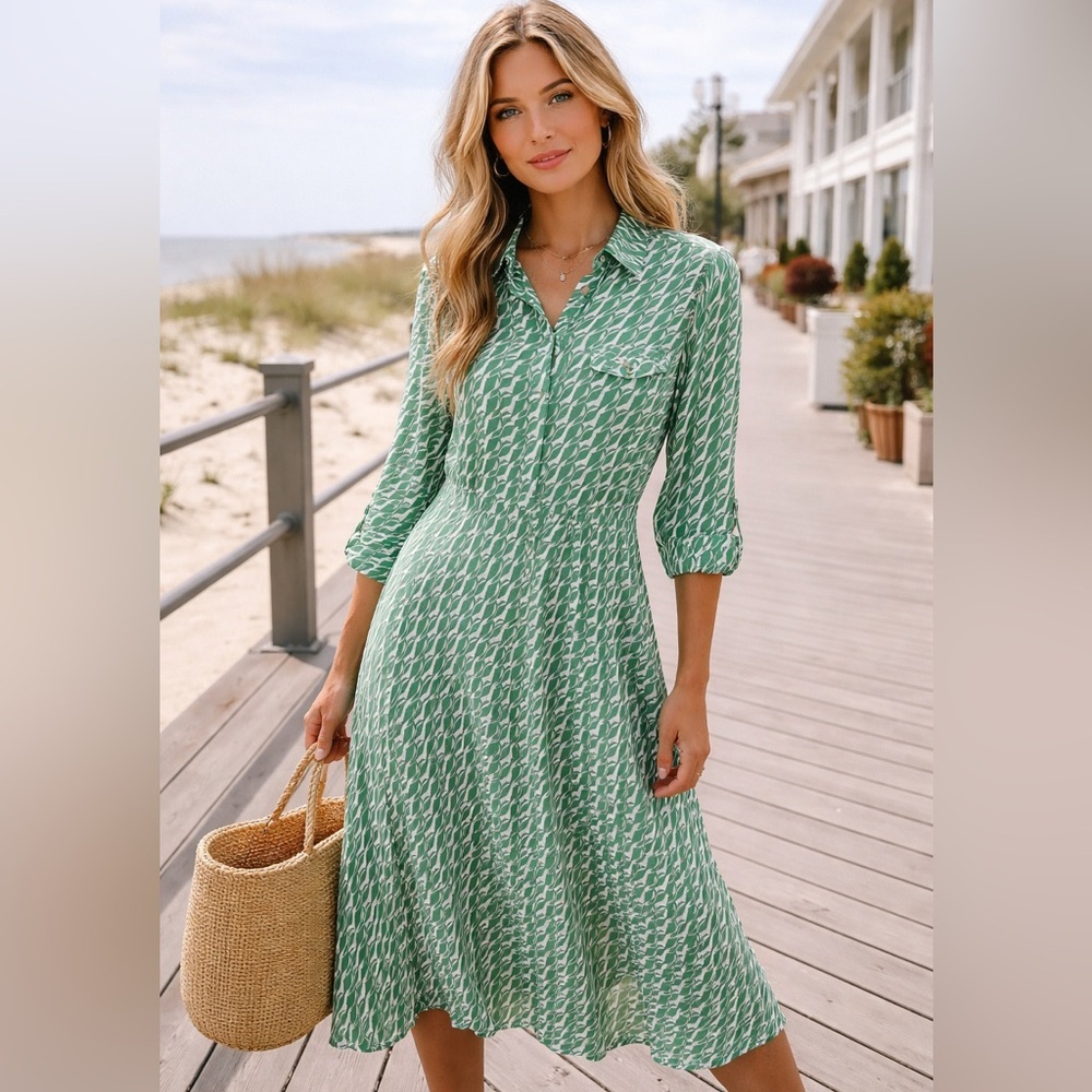 ARA Green & White Printed Midi Shirt Dress | Size Small | 100% Viscose